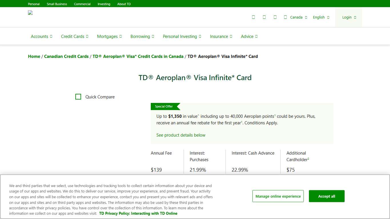 TD Aeroplan Visa Infinite Credit Card TD Canada Trust
